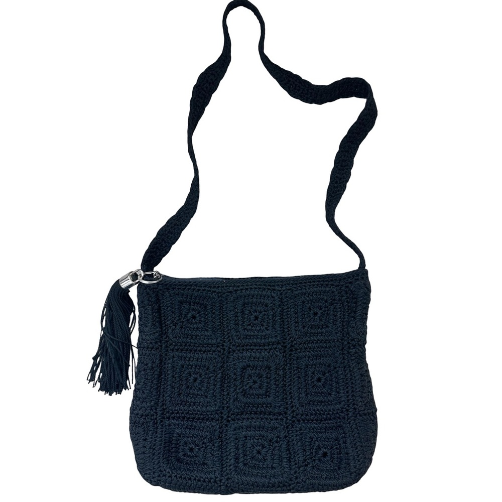 The Sak  Black Macrame Crochet Shoulder Bag with Detachable Black Tassel Charm